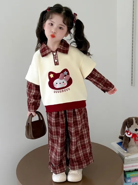 女童春秋款假两件格子卫衣套装洋气2025新款女宝宝秋季格子套装