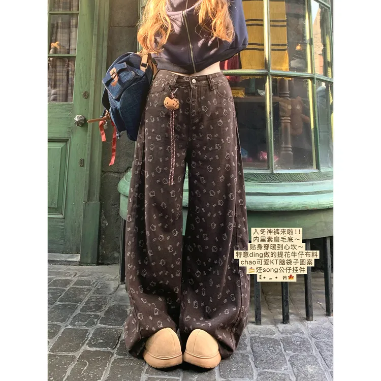 安妮不火【绒岩凯蒂裤】甜酷kitty提花宽松弯刀牛仔裤AA253K0008