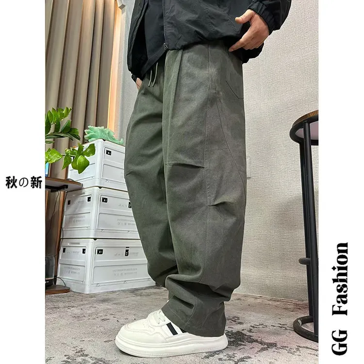 【cityboy】秋季重磅纯棉弯刀工装裤水洗百搭松紧腰直筒休闲裤大码