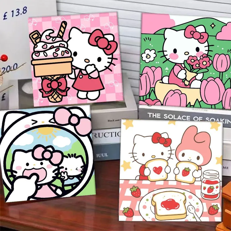 个性甜酷HelloKitty凯蒂猫数字油画diy手绘丙烯油彩画手工装饰yj