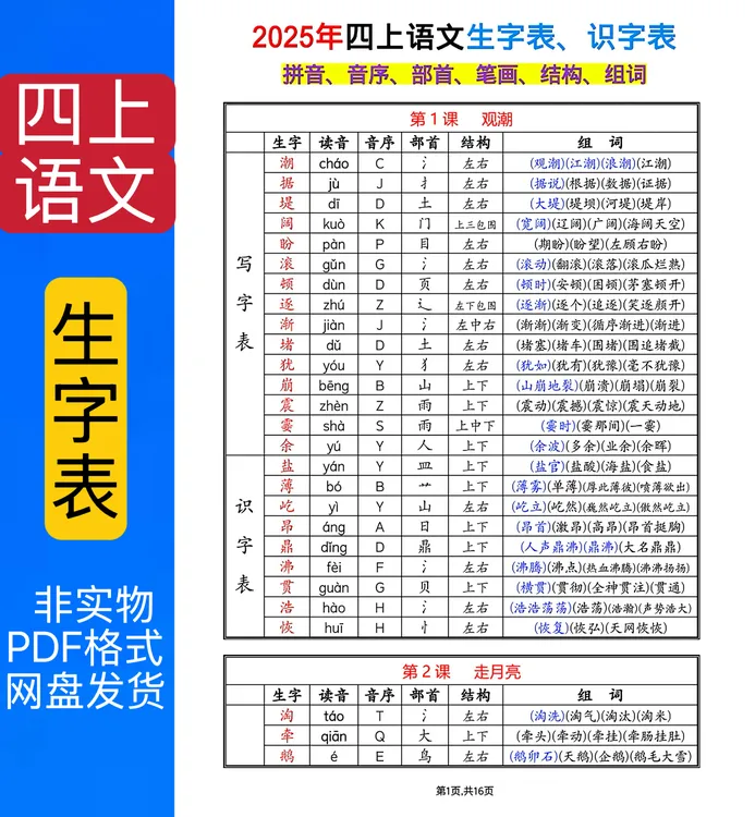 682四年级上册语文生字表识字表生字组词课课贴pdf电子版
