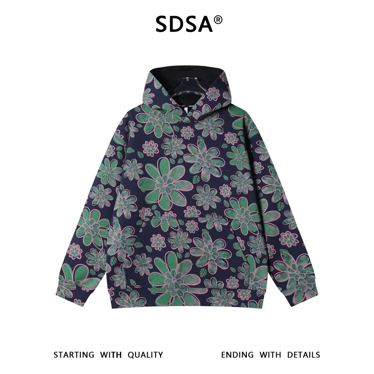 SDSA男士秋冬新款痞帅男装简约撞色花朵连帽卫衣宽松百搭套头上衣