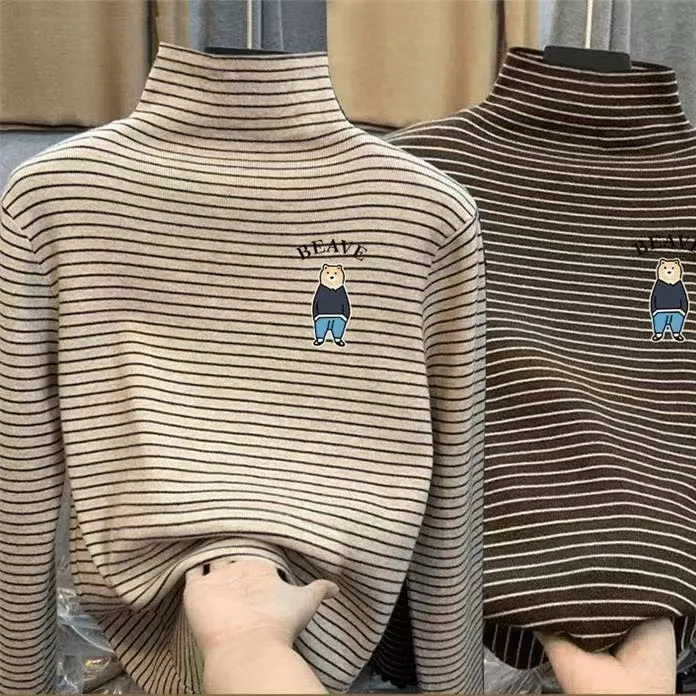 男女童秋冬季宝宝2025条纹打底衫儿童保暖德绒长袖T恤半高领上衣