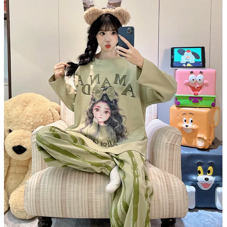 睡衣女款爆款2025新款春秋长袖长裤学生卡通可爱韩版可外穿家居服