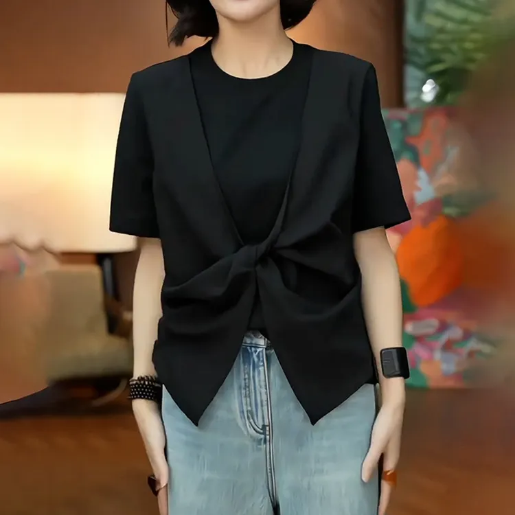 宽松显瘦别致上衣夏季薄款胖MM大码女装黑色假两件扭结短袖T恤女