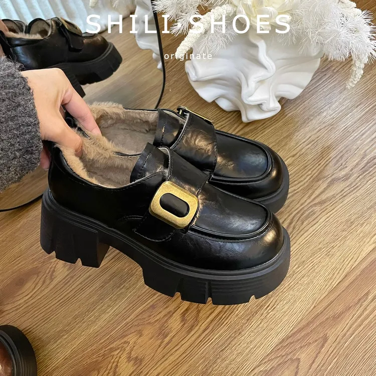 牛皮版~厚底松糕小皮鞋女2026秋冬百搭复古英伦风魔术贴乐福单鞋