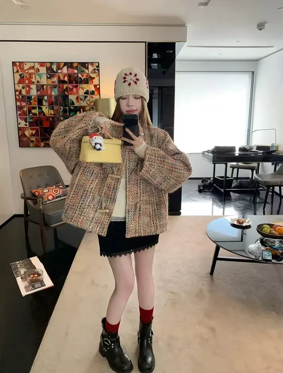 彩色编织流苏小香风外套女2025冬季新款法式气质粗花上衣2630