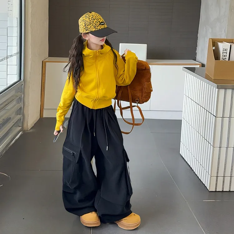 女童春秋款韩版休闲针织工装裤套装中大童初中生洋气时髦儿童秋装