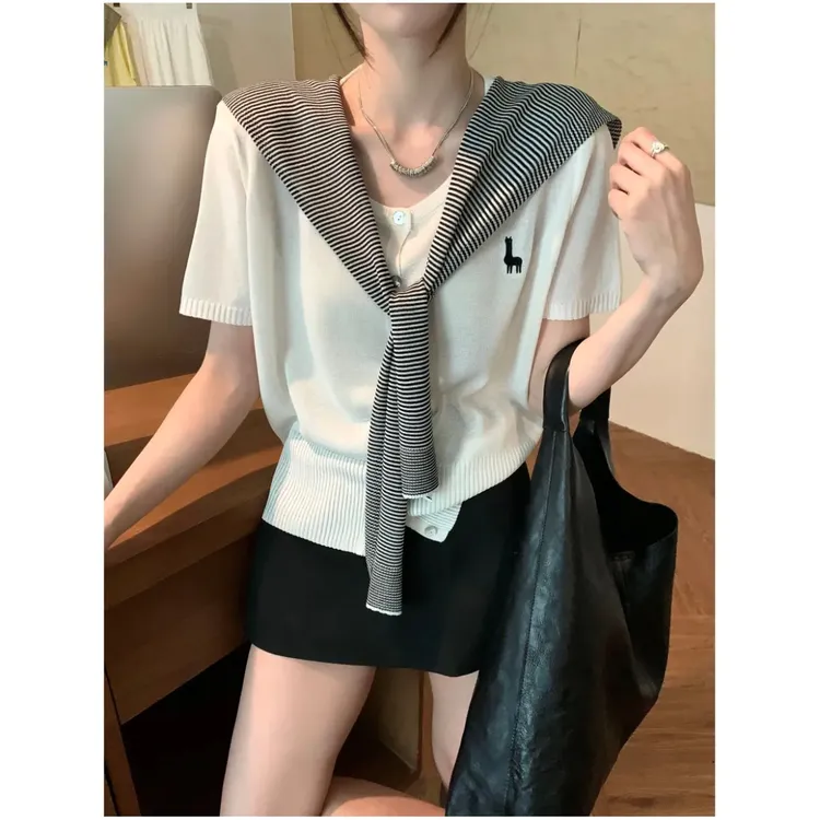 【零零精选】2025韩版百搭显瘦刺绣披肩针织衫气质薄款条纹设计感