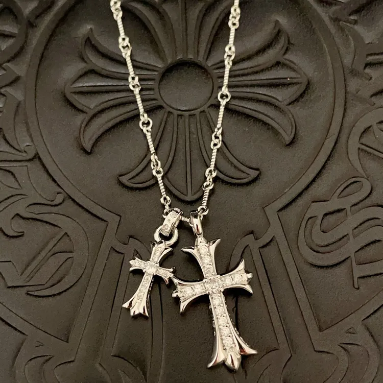 铜合金项链 【015】奶白双十字架项链克罗男士项链高级感男生配饰