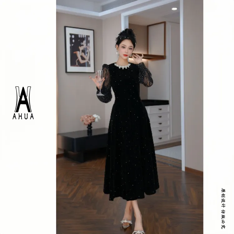 【花花原创】时尚名媛优雅轻奢长袖气质显瘦宴会拼接连衣裙9169