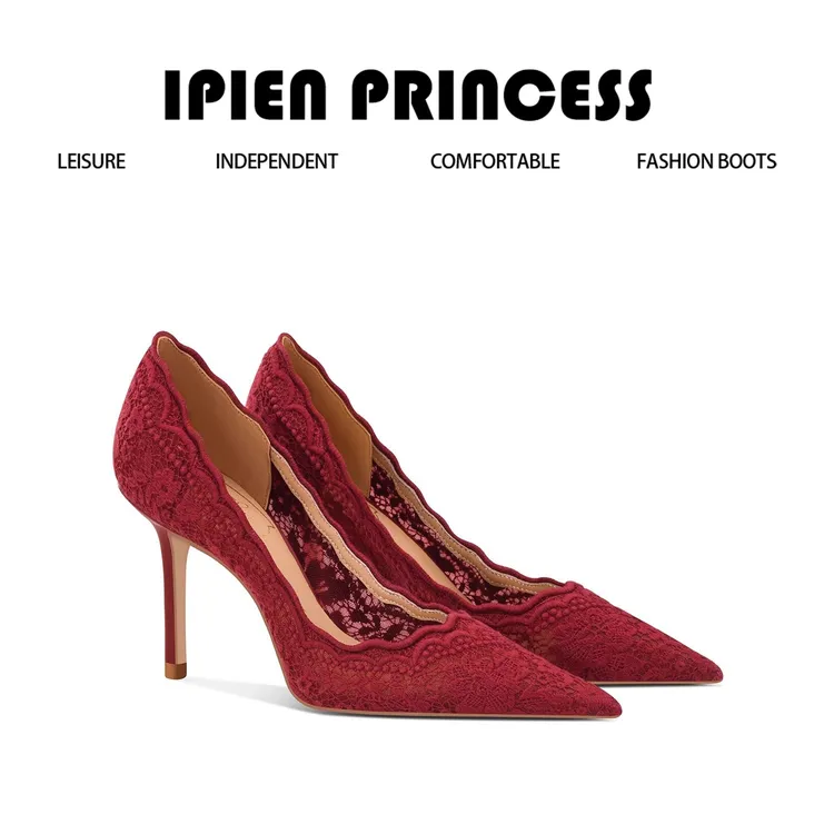 现货JC同款红色婚鞋女新娘鞋秀禾尖头婚纱蕾丝网纱细跟结婚高跟鞋