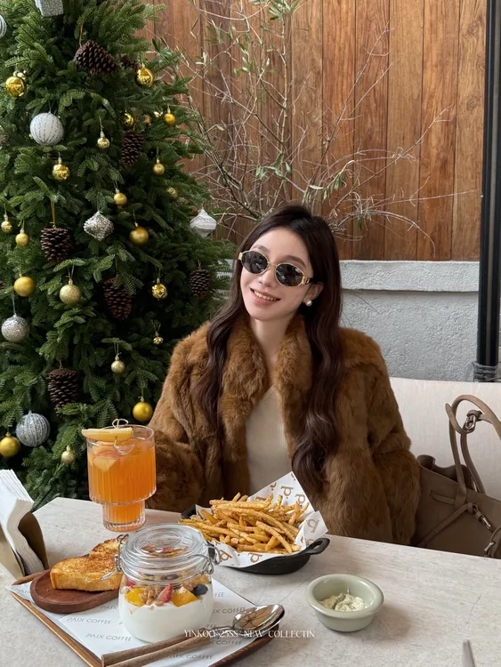 Yinkoo「上东老钱」全真兔毛皮草女棕色毛毛外套短款高级感