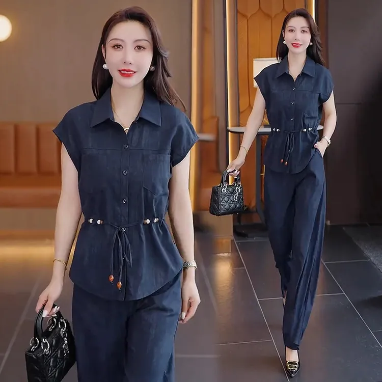 2025夏季新款时尚高级感轻职简约知性垂感纯色百搭两件套套裤