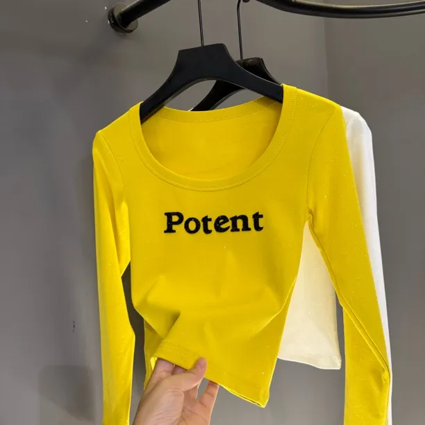 重工烫钻简约字母打底衫秋冬修身长袖上衣U领显瘦内搭辣妹T恤494#