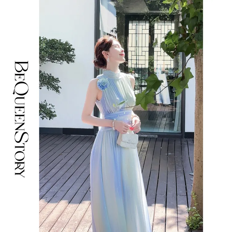 余潇潇【极光剪影】氛围感钉珠挂脖无袖弹力腰围飘带连衣裙夏