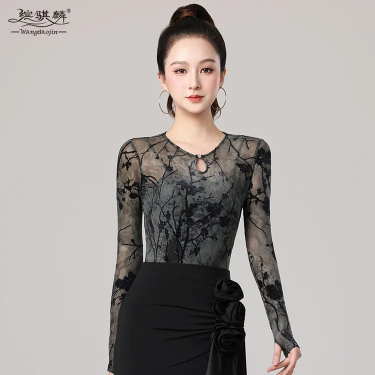 拉丁舞上衣女成人2025新款假两件网纱舞蹈练功服长袖连体摩登舞衣