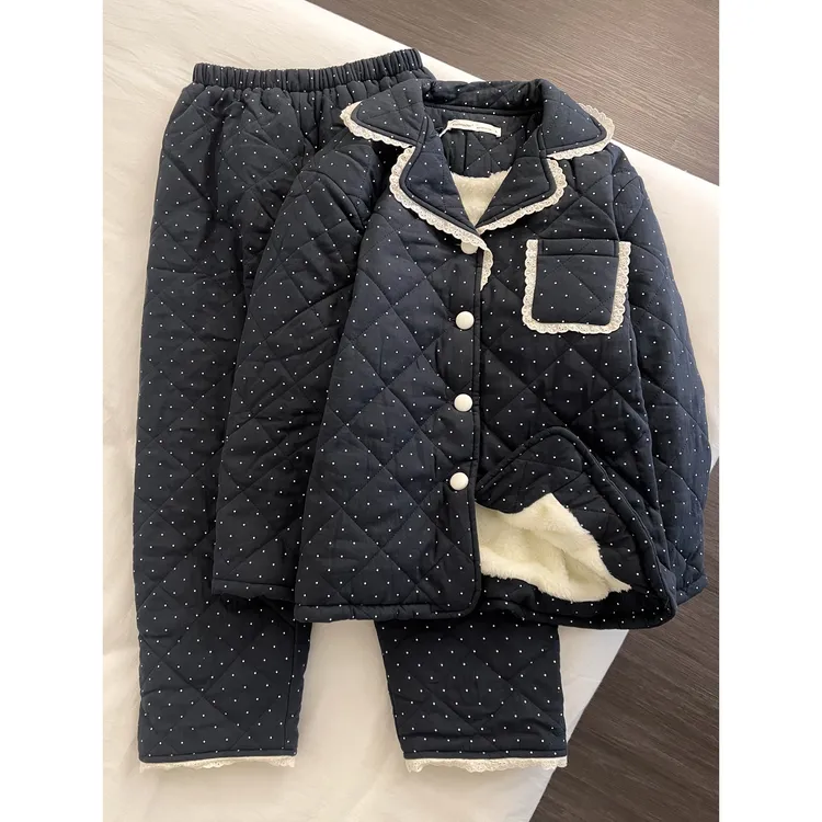 韩版ins简约波点夹棉棉服睡衣女舒适亲肤秋冬气质休闲家居服套装