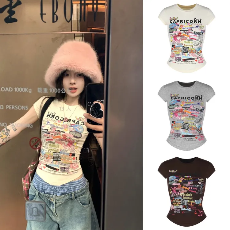 美式辣妹印花正肩短袖T恤女夏季设计感小众紧身短款弧形下摆上衣