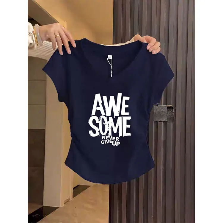 小众夏季爆款侧边褶皱收腰V领正肩短袖t恤女时尚洋气修身藏青色夏