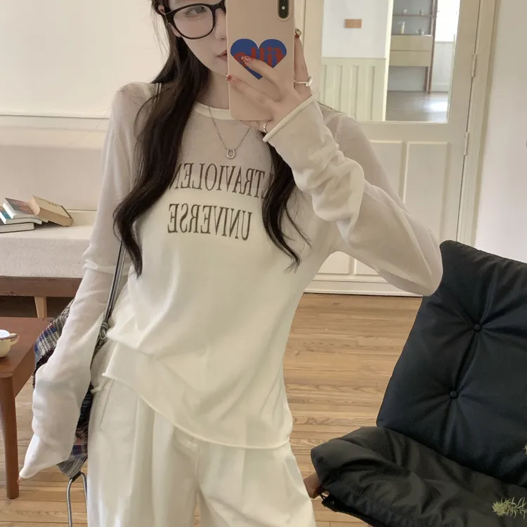 美式复古白色字母冰丝面膜防晒长袖t恤女夏季外搭空调罩衫上衣薄