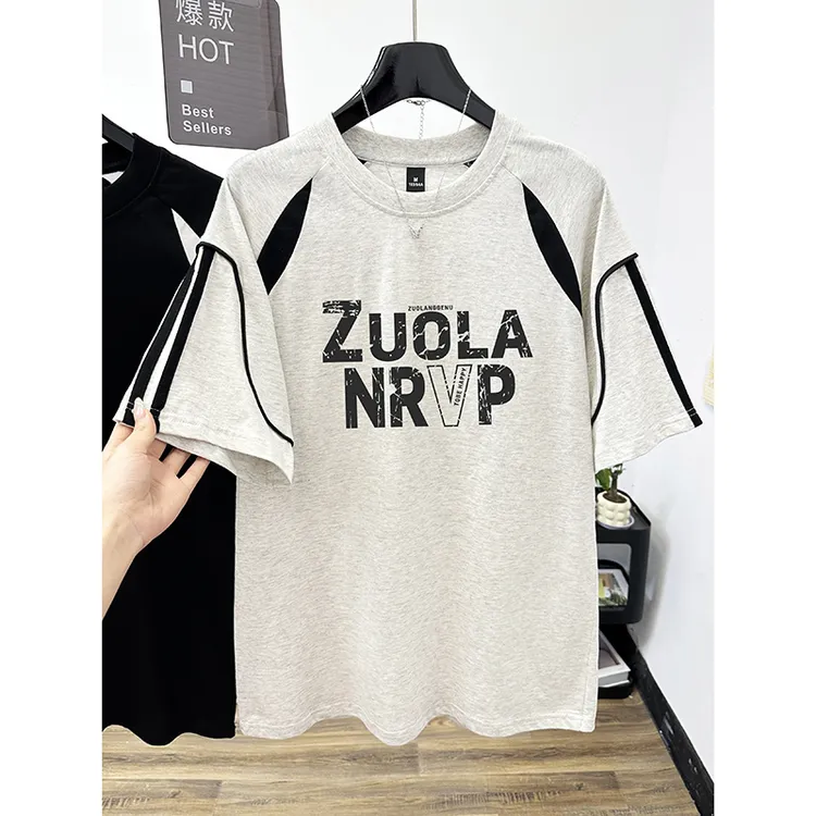 纯棉大码设计感撞色条纹短袖T恤女春夏季2025新款字母印花上衣潮