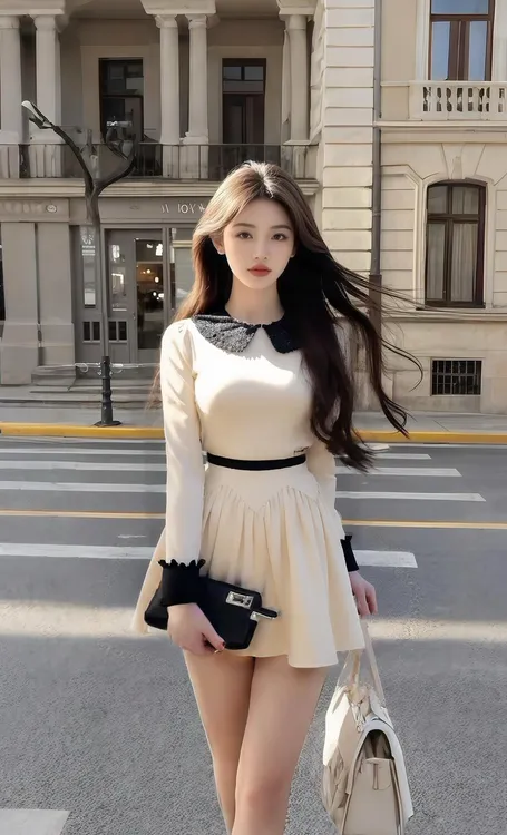 时尚气质甜美风杏色圆领长袖收腰设计感连衣裙女高级氛围感女装