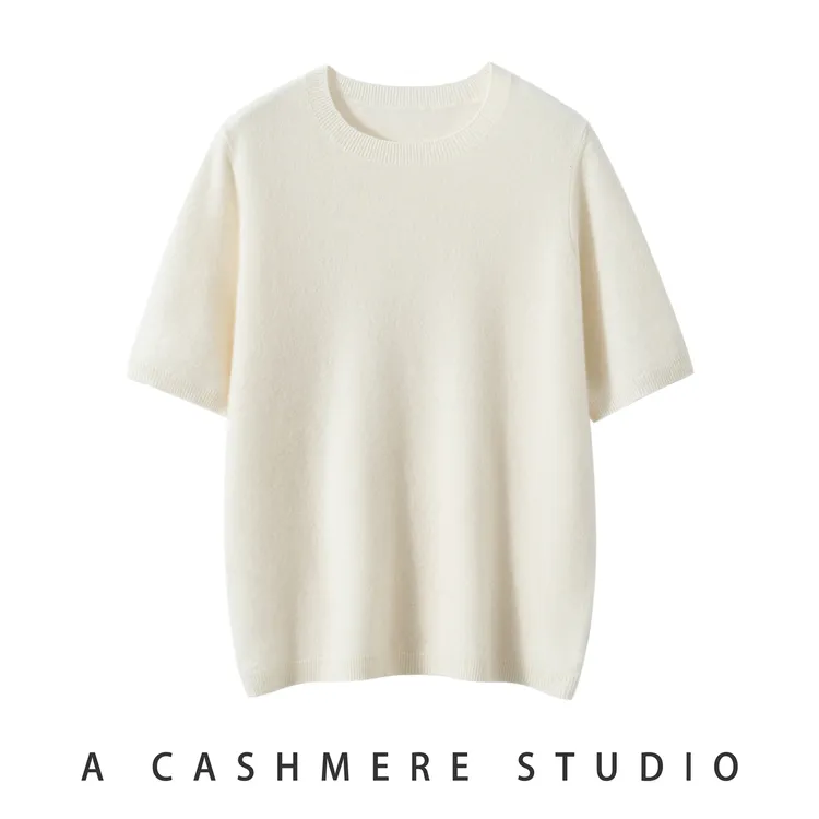 秋冬100%纯山羊绒短袖女时尚圆领纯色套头半袖宽松休闲T恤ZW2501