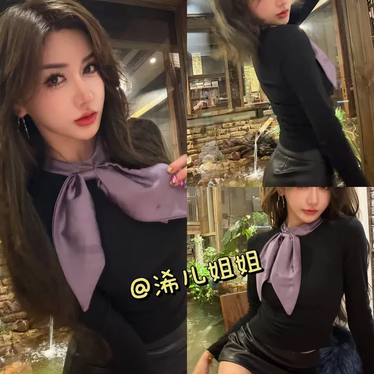 气质蝴蝶结德绒打底修身长袖上衣