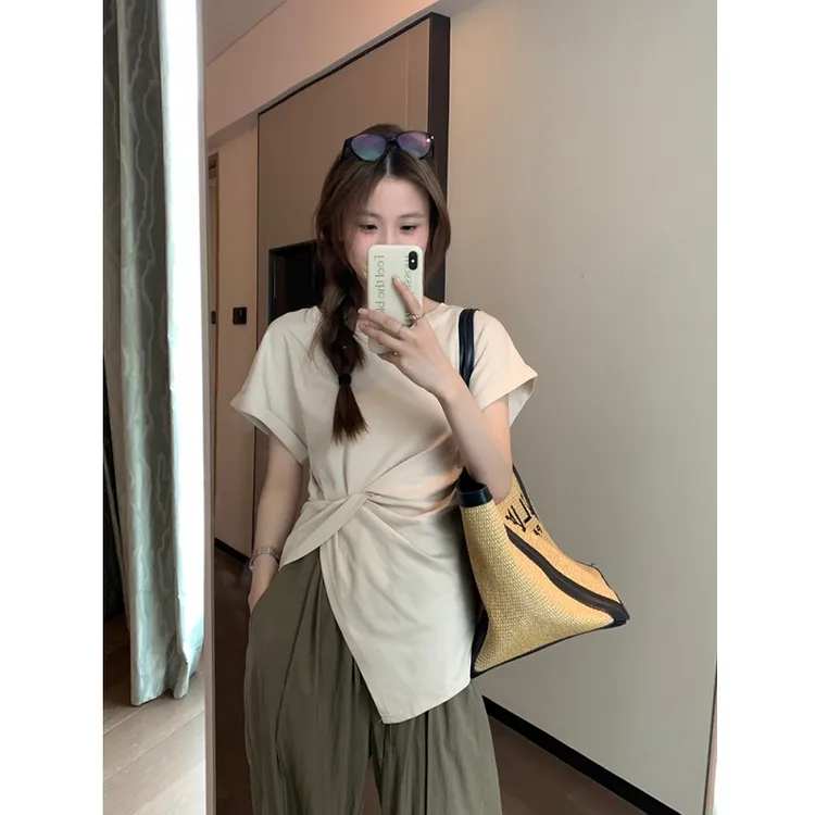 褶皱不规则短袖T恤女2025夏季设计感百搭修身显瘦小众开叉上衣潮