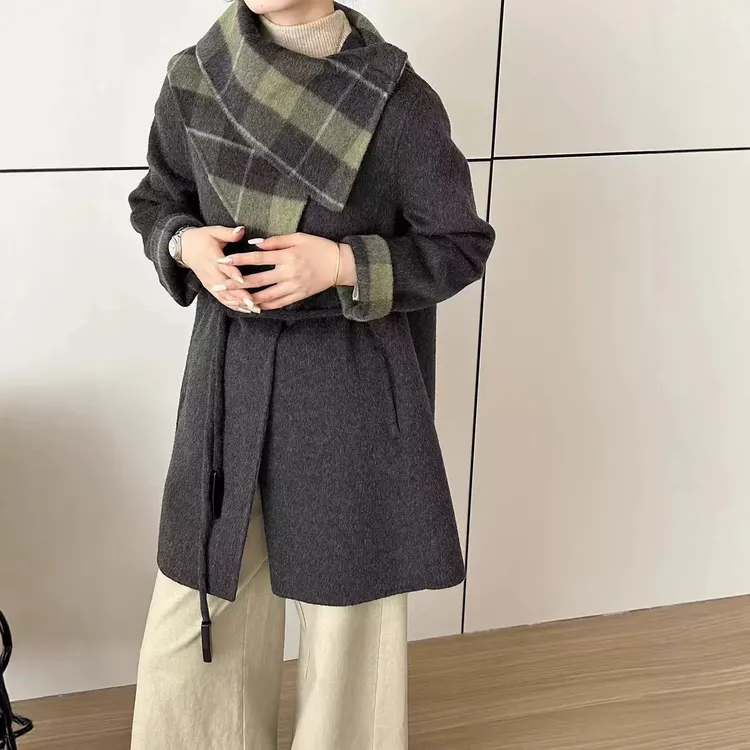 新品双面呢羊毛大衣女可拆卸格纹领中长款收腰显瘦正肩款毛呢外套