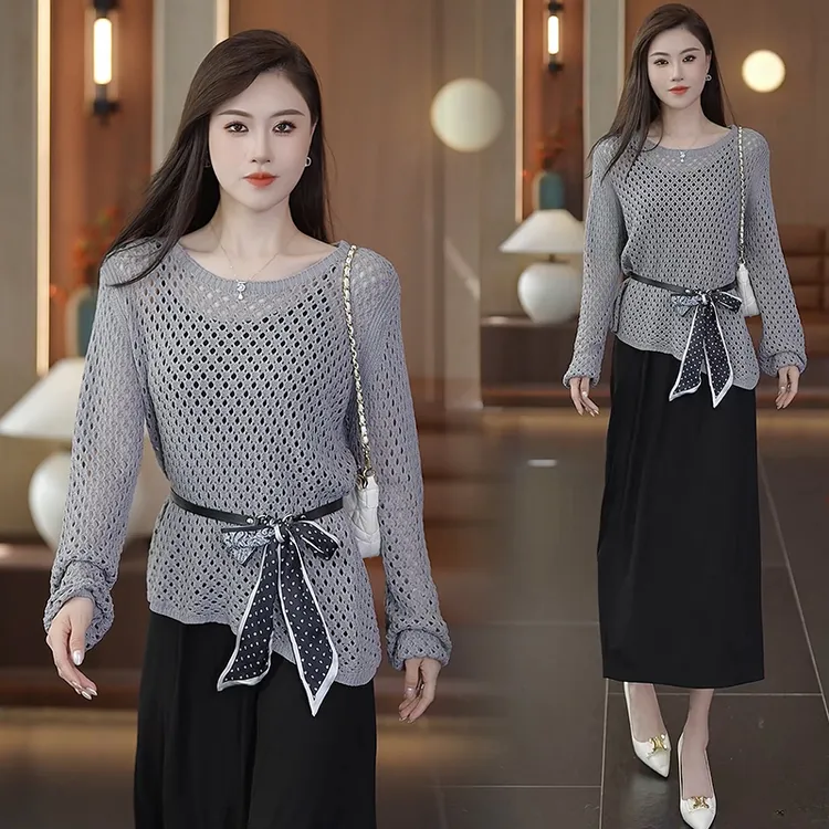 吊带连衣裙女2025新款秋季高级感小个子外搭针织镂空罩衫两件套装