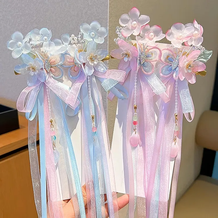 儿童古风超仙发夹女童汉服蝴蝶结飘带头饰女孩花朵流苏不伤发