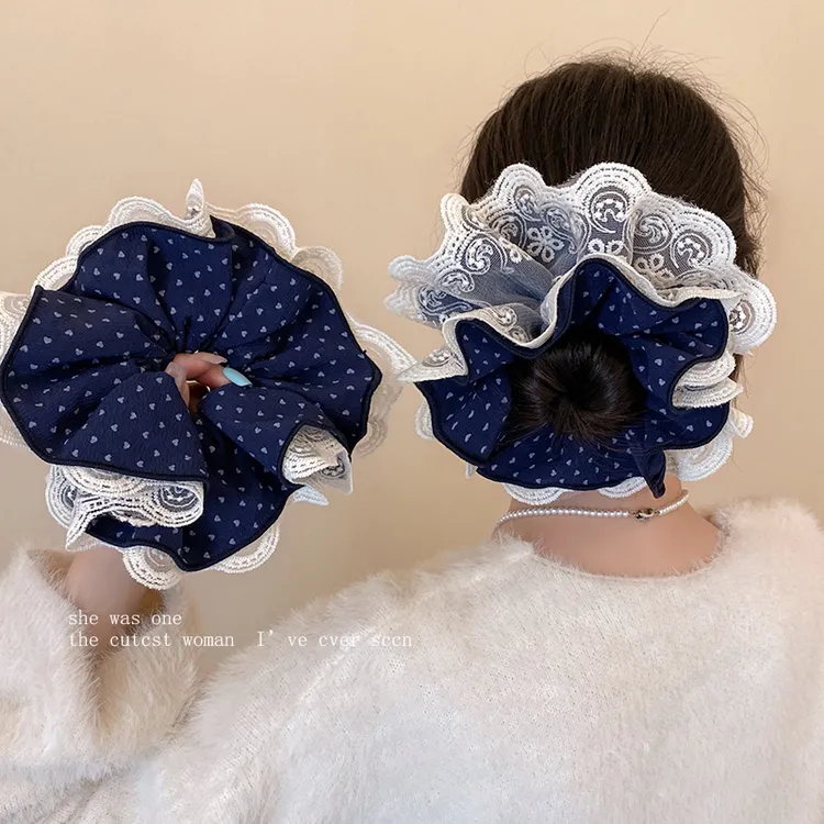 蓝色爱心波点蕾丝大肠发圈女高级感慵懒风扎头发头绳丸子头发饰