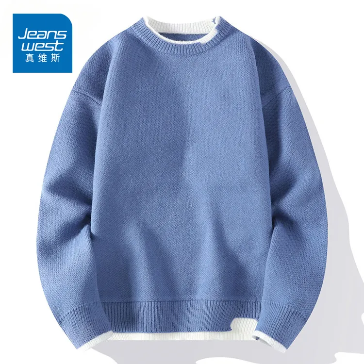 真维斯潮牌假两件毛衣男款秋冬季宽松休闲毛线衣白色帅气针织衫男