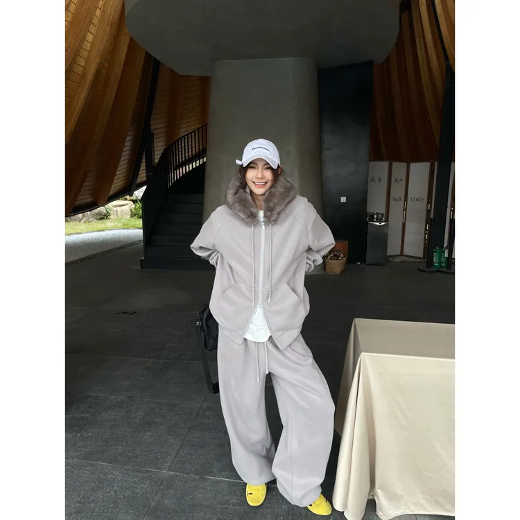 JCCC影子【暖绒信仰】灰色加厚可拆卸毛领连帽卫衣休闲卫裤套装