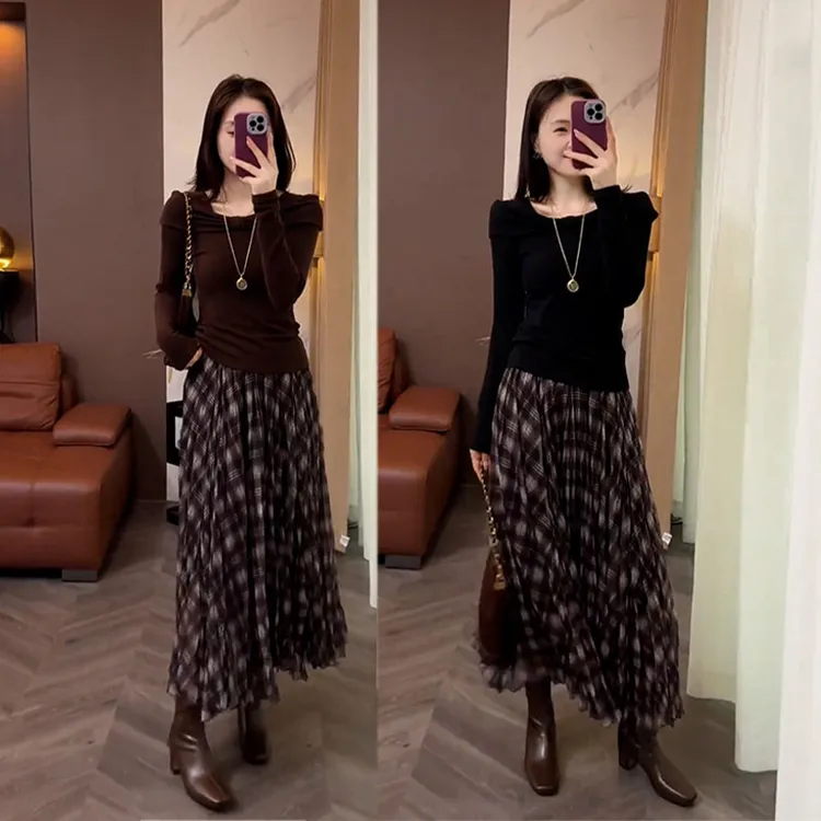 2025早秋新款韩系时尚百搭软糯打底衫上衣高腰半身裙显瘦两件套装