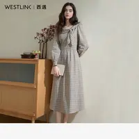 1224西遇蝴蝶结系带格纹连衣裙女2025秋季高腰显瘦长袖长裙