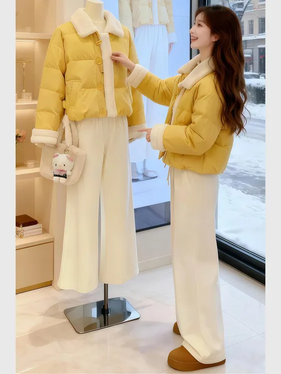 巨好看的两件套冬装女2025新款翻领拼接短款棉服休闲直筒长裤套装