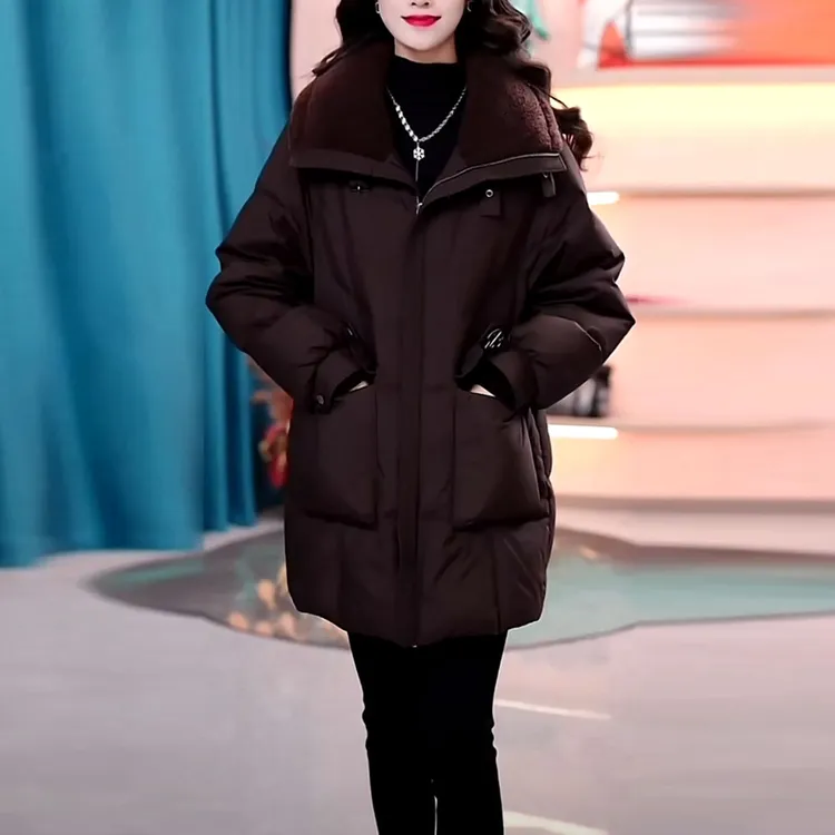 时尚白鸭绒加厚保暖羽绒服2025冬季女士宽松中长款洋气遮肉外套