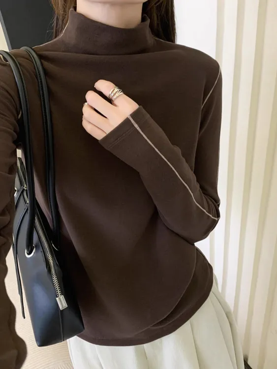 XUANYAN瑄颜秋冬半高领加绒长袖T恤女修身显瘦百搭打底衫上衣9131