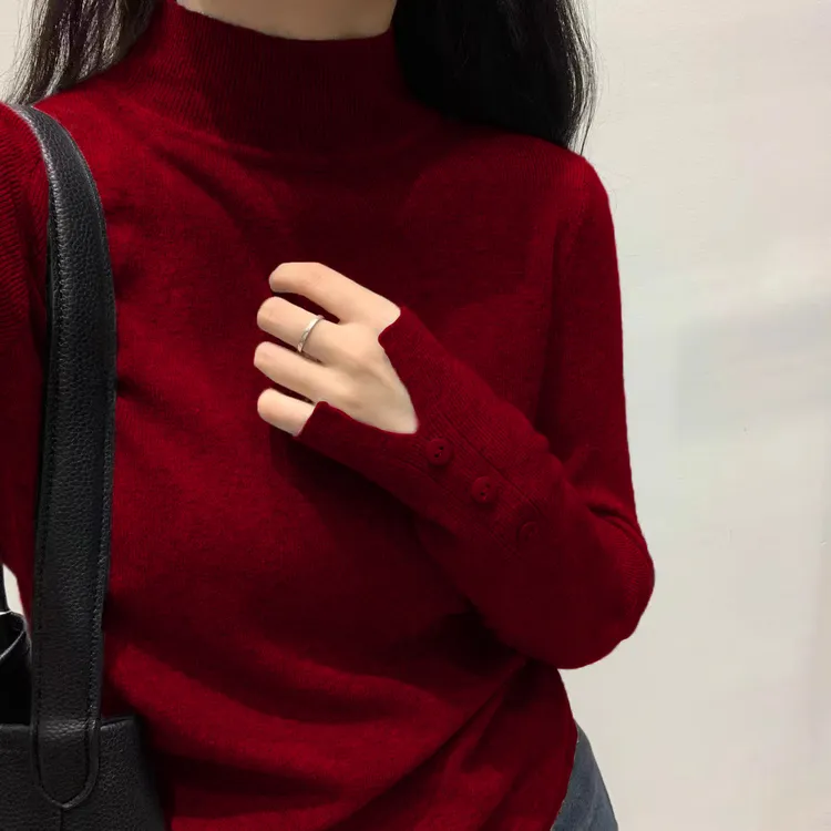 新年战袍安哥拉红打底衫半高领针织衫女秋冬内搭红色毛衣韩系上衣
