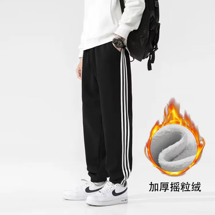 秋冬三杠直筒大码棉料春秋款束脚运动加厚休闲裤宽松透气男女同款