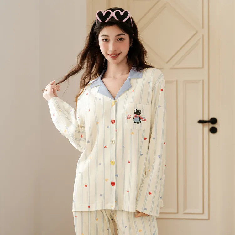 芬腾睡衣女士纯棉春夏季长袖可爱动物开衫女生秋季全棉家居服套装