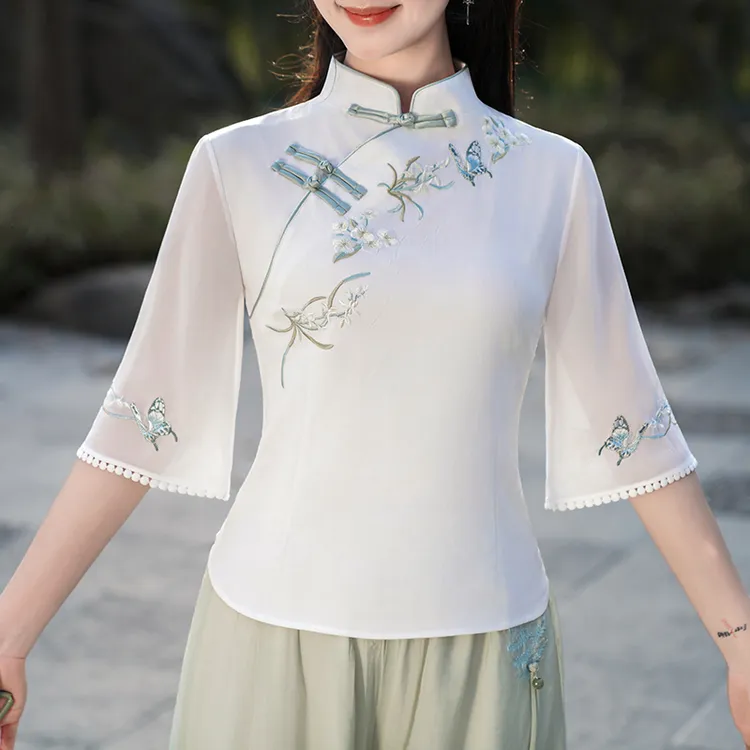 新中式国风夏季棉麻半袖绣花立领修身复古文艺茶服上衣套装