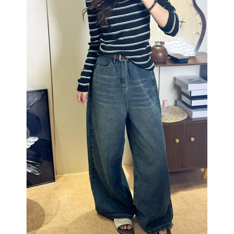 ENEN~美式高腰宽松显瘦垂感裤腿裤