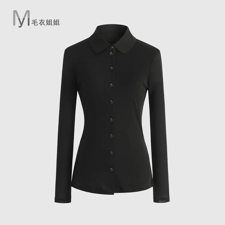 新款polo领百搭简约翻领网纱打底衫衬衫女437-1308