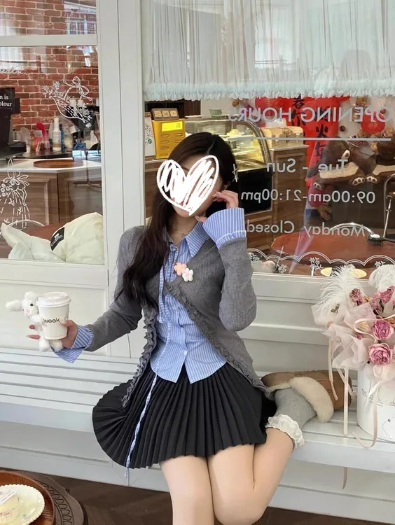 岛屿暮色学院风复古拼接设计感长袖开衫显瘦上衣+百褶半裙C 8353#