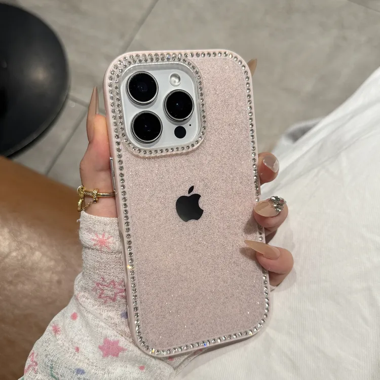全包边镶钻闪粉适用苹果16promax手机壳15promax时尚14轻奢13女款