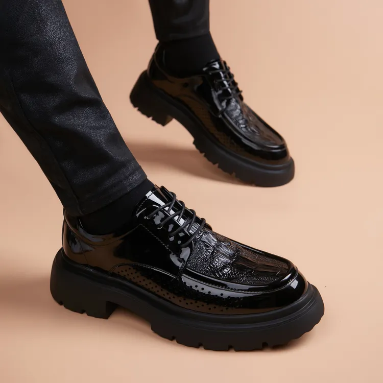 夏季透气德比鞋打孔系带休闲皮鞋英伦风增高学院风厚底车缝线胶粘